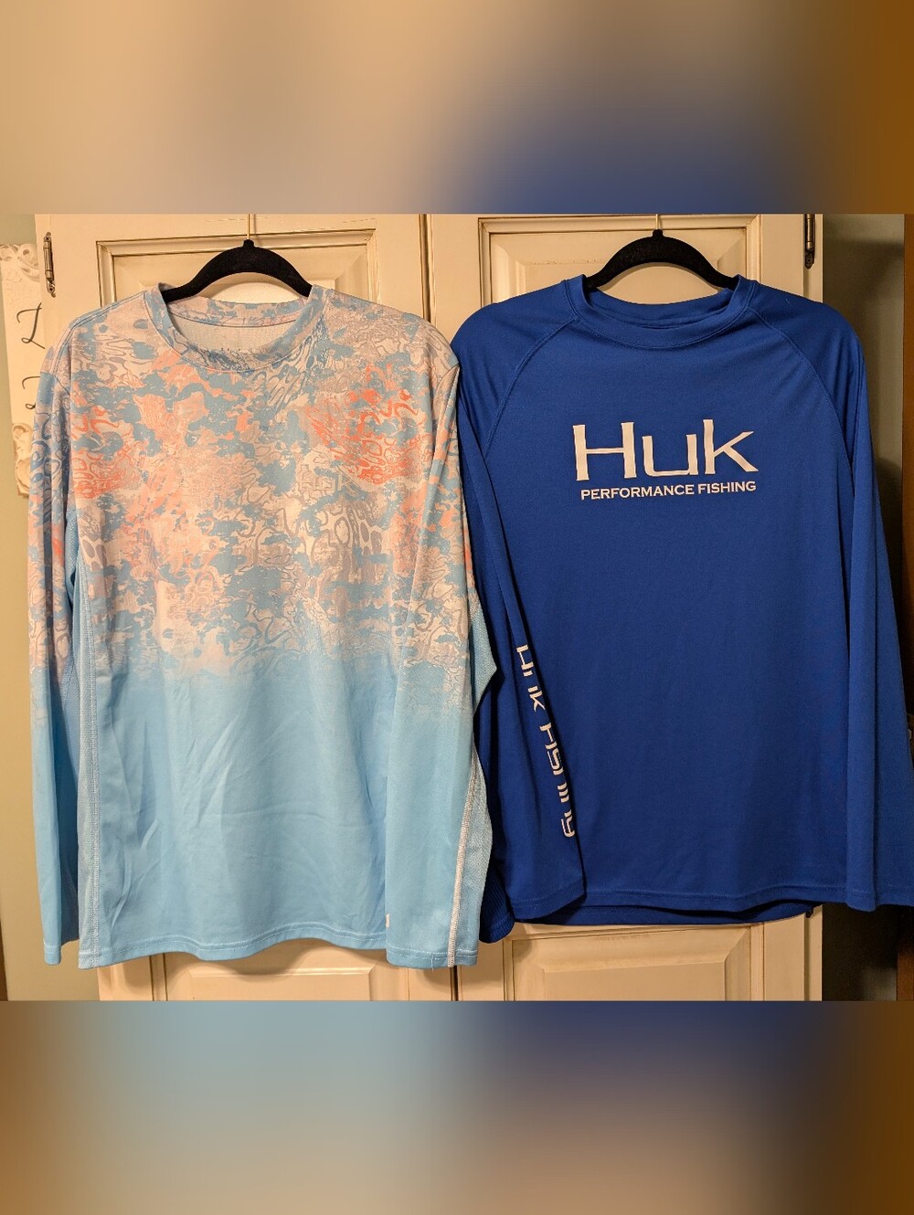 Two Men's Huk Fishing Shirts - Icon X Tide Change Performance & Blue Performance